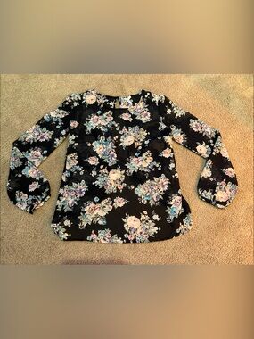 Truth Floral Long-Sleeve Blouse - Black with Pastel Flowers